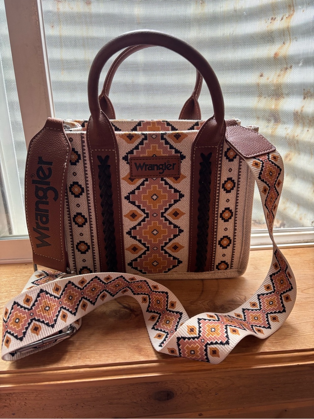 Wrangler Aztec-Pattern Crossbody Tote in Beige and Brown